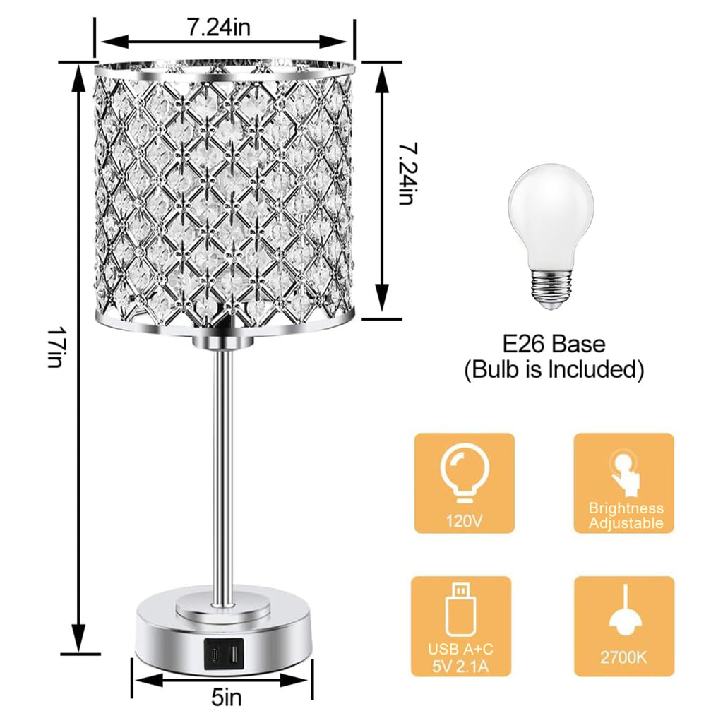 Crystal Bedside Table Lamp, Silver Touch Bedroom Lamp, USB C+A Ports