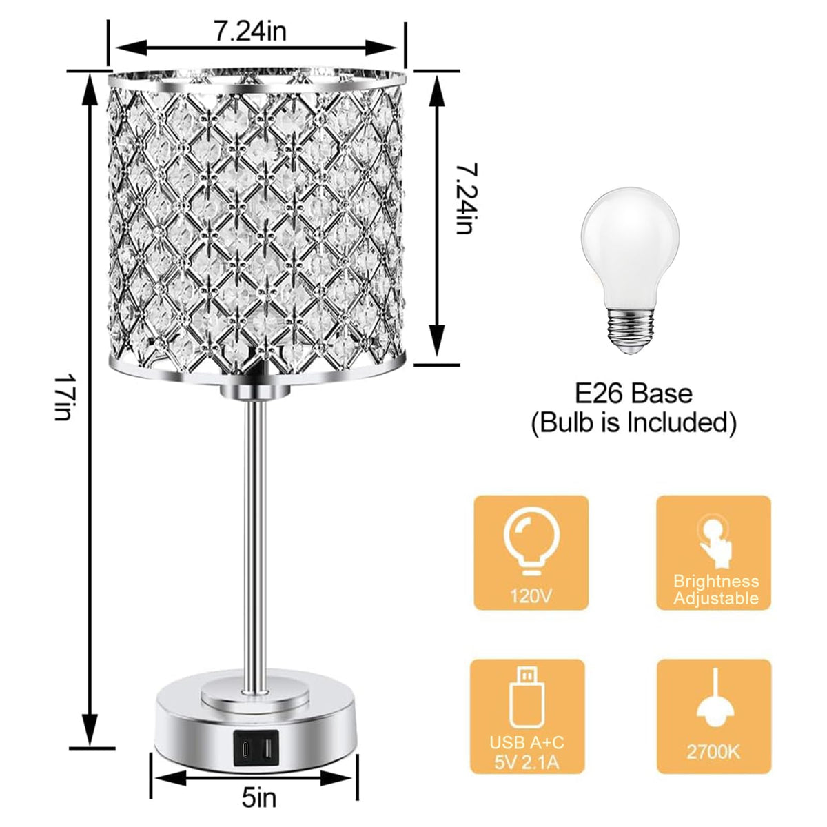 Crystal Bedside Table Lamp, Silver Touch Bedroom Lamp, USB C+A Ports