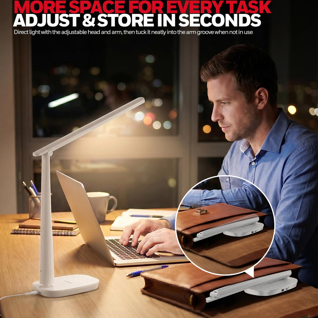 LED Desk Lamp for Home Office, Eye-Caring Dimmable Reading Light with 4 Color Modes, Touch Control, USB-A & USB-C Charging Ports, Adjustable Head, Timer for Bedroom & Small Desks