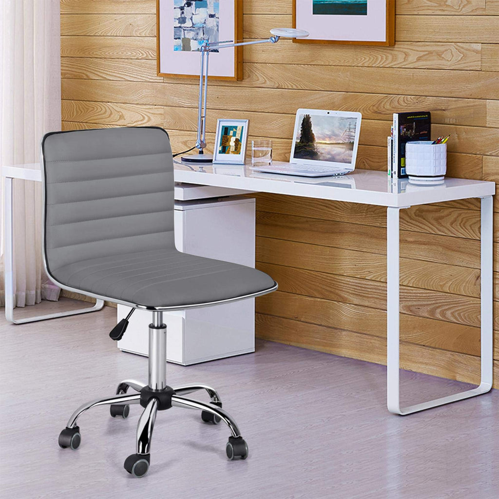 PU Leather Ribbed Armless Task Office Chair, Adjustable Low Back Executive Chair with Wheels Gray