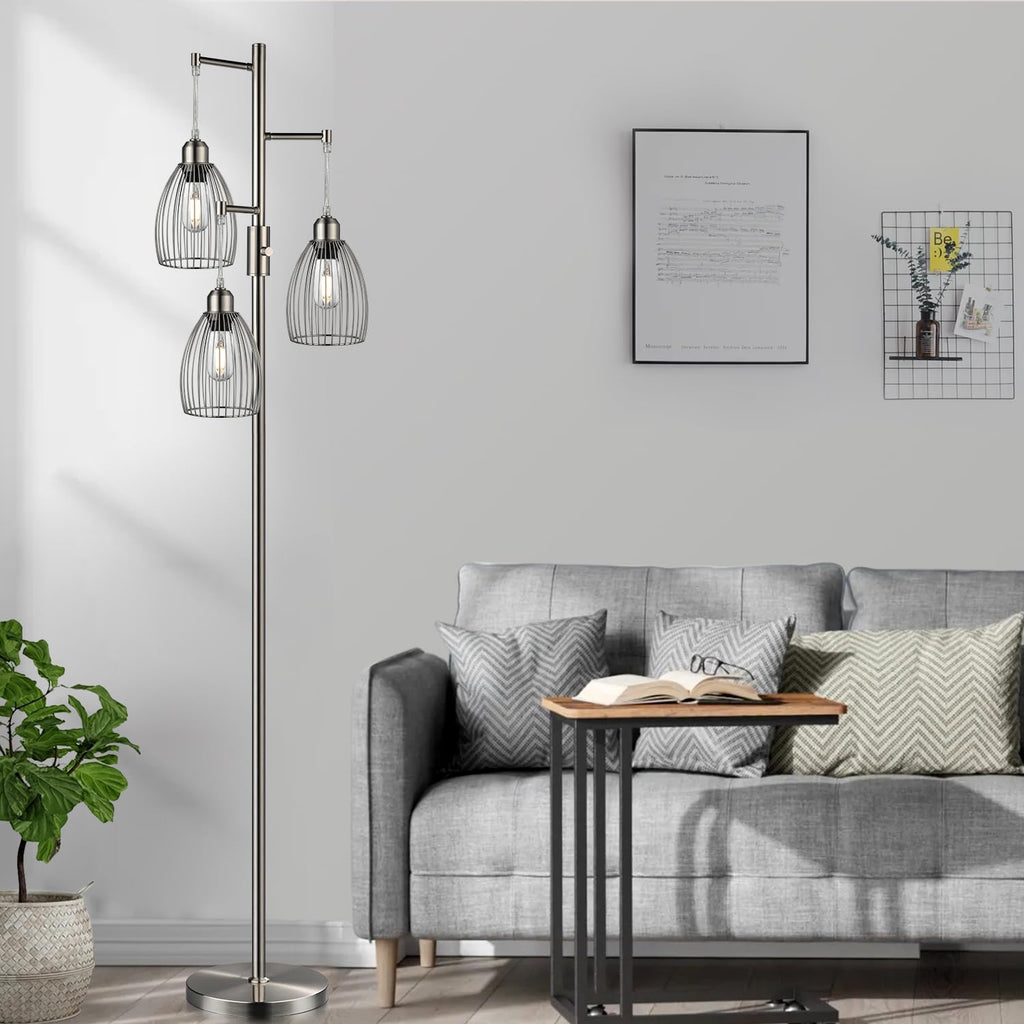 Floor Lamp, 3 x 800LM LED Edison Bulbs Included, Industrial Floor Lamp Standing Tree Lamp with Elegant Teardrop Cage Heads Tall Lamps for Living Room Bedroom-Brushed Nickel