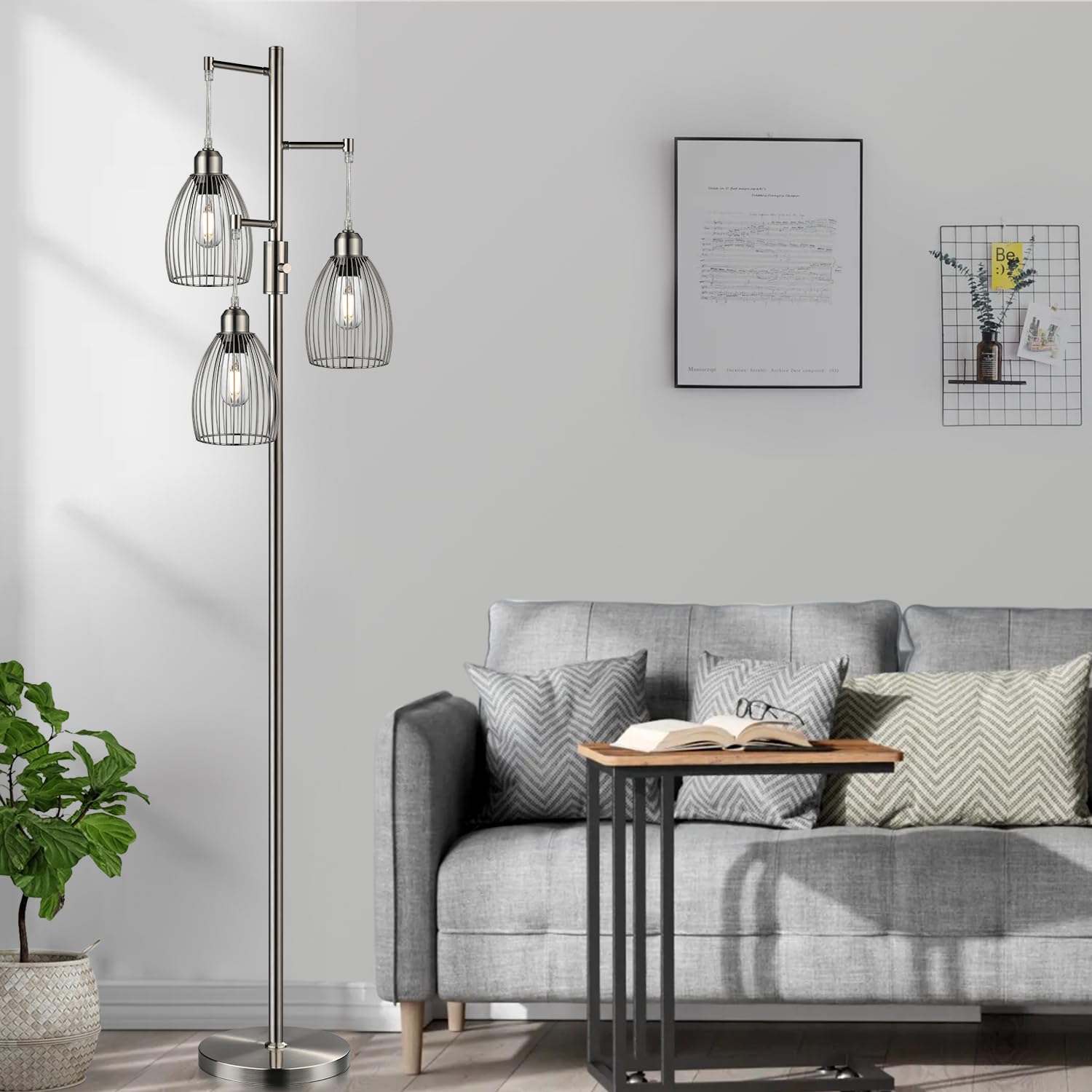 Floor Lamp, 3 x 800LM LED Edison Bulbs Included, Industrial Floor Lamp Standing Tree Lamp with Elegant Teardrop Cage Heads Tall Lamps for Living Room Bedroom-Brushed Nickel