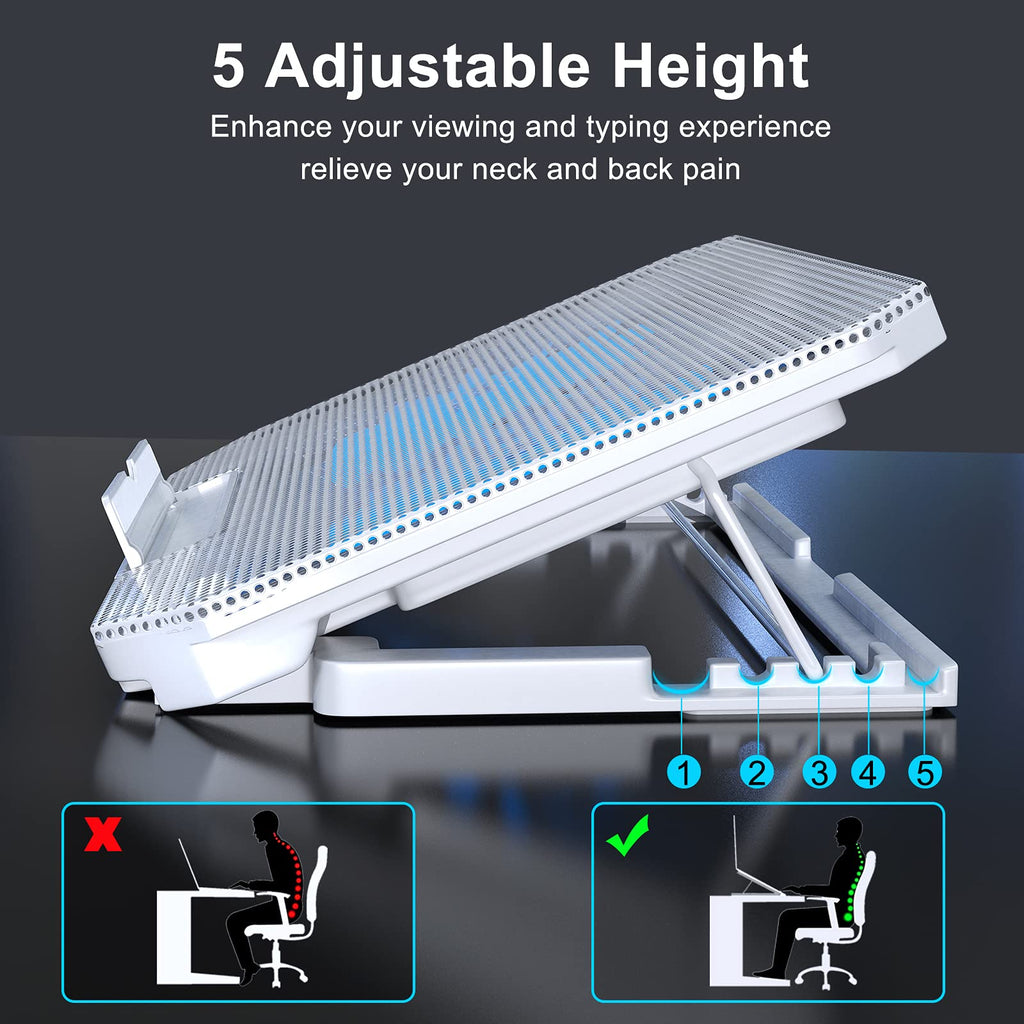 Laptop Cooling Pad with Adjustable Height Two 5.1 Inches Fan 2 USB Ports Suitable for 12"-15.6" Laptops（White）