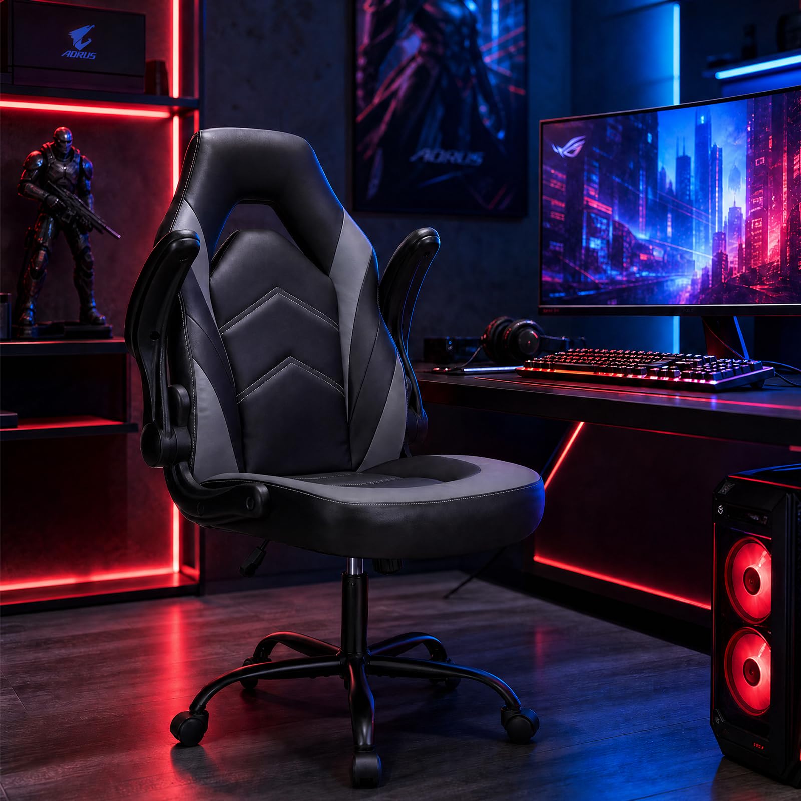 Computer Video Game Desk Chair - Ergonomic Comfy Lumbar Support, PU Leather with Flip-up Armrest, Height Adjustable and 360° Swivel, for Adults, Black Grey