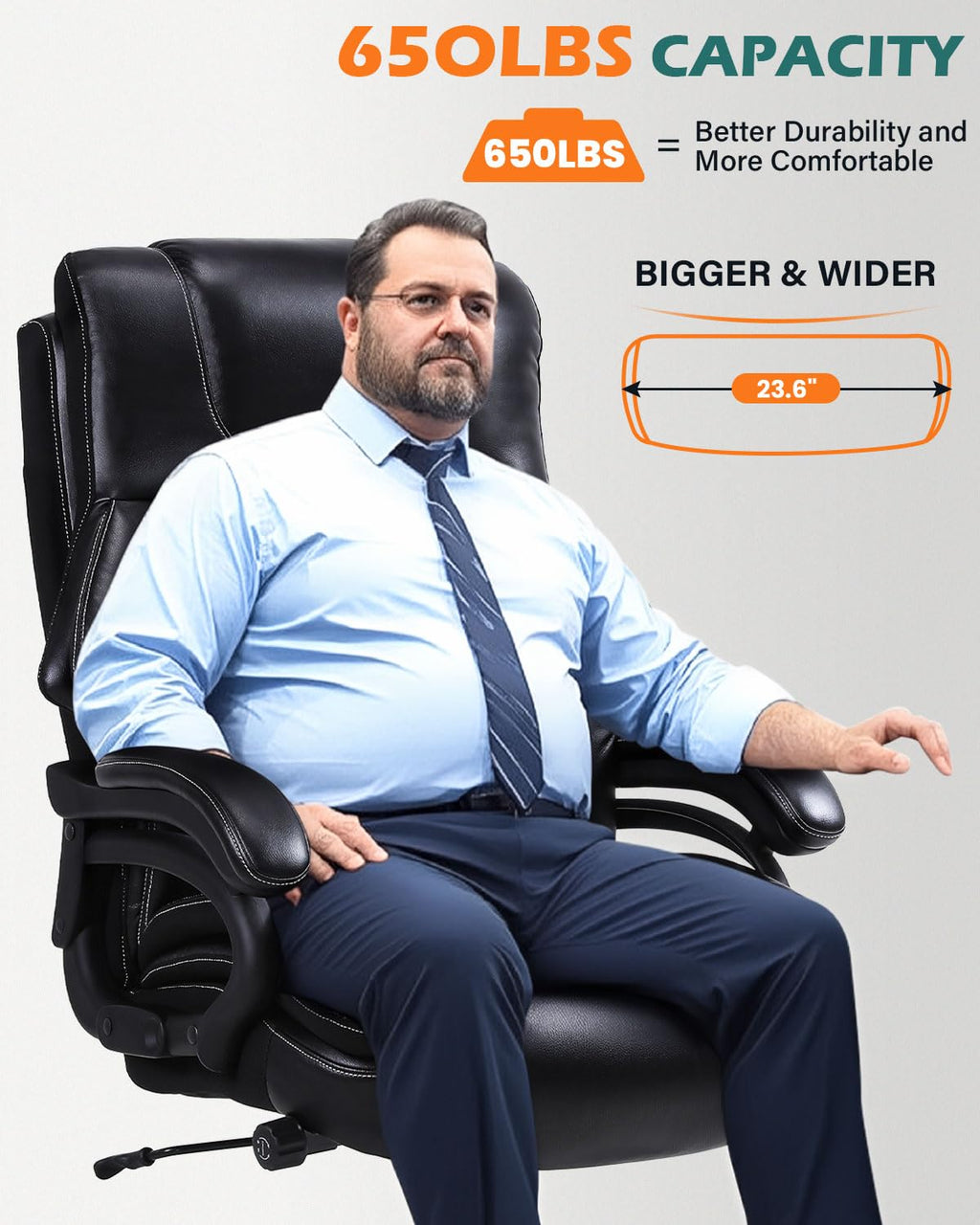 650lbs Large Big and Tall Office Chair for Heavy People with Adjustment Lumbar Support, Comfy Padded Heavy Duty Leather Executive Office Chair with Quiet Rubber for Adults 8 Hours Daliy Work