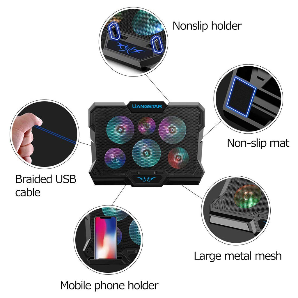 Laptop Cooling Pad, Laptop Cooler with 6 Quiet Fans RGB 7 Color Light for 15.6-17 Inch Laptop Cooling Fan Stand, Portable Slim USB Powered Gaming Laptop Cooling Pad, Switch Control Fan Speed(Black)