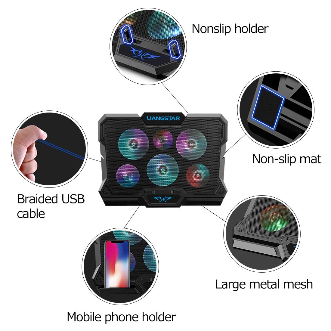 Laptop Cooling Pad, Laptop Cooler with 6 Quiet Fans RGB 7 Color Light for 15.6-17 Inch Laptop Cooling Fan Stand, Portable Slim USB Powered Gaming Laptop Cooling Pad, Switch Control Fan Speed(Black)