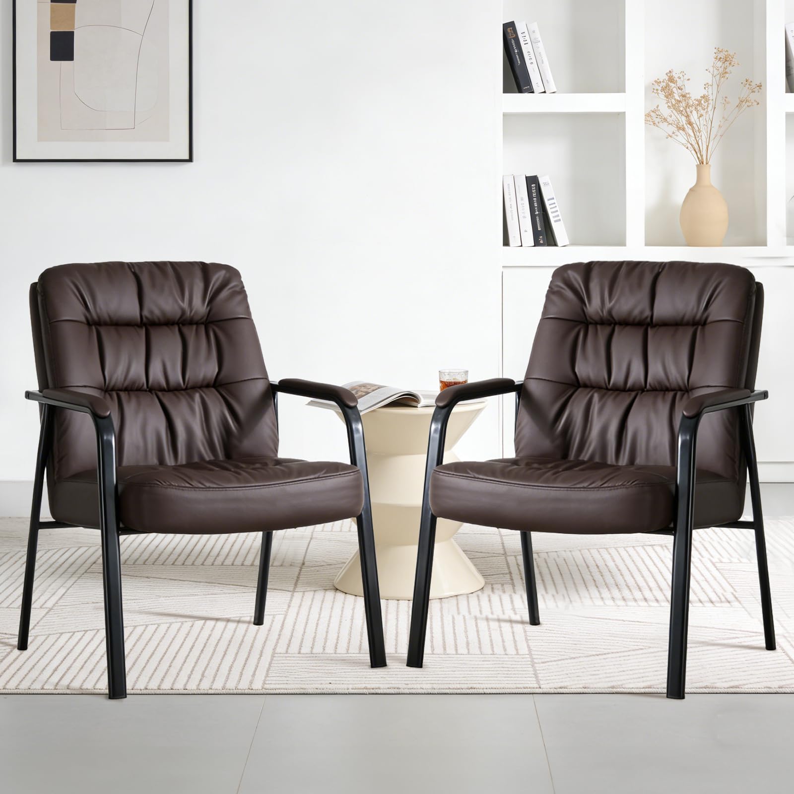 Office Waiting Room Guest Chairs Set of 2, 500lbs Office Reception Lobby PU Leather Chair No Wheels with Padded Armrest for Conference Lobby Medical Waiting Area Bedroom Elderly, Brown