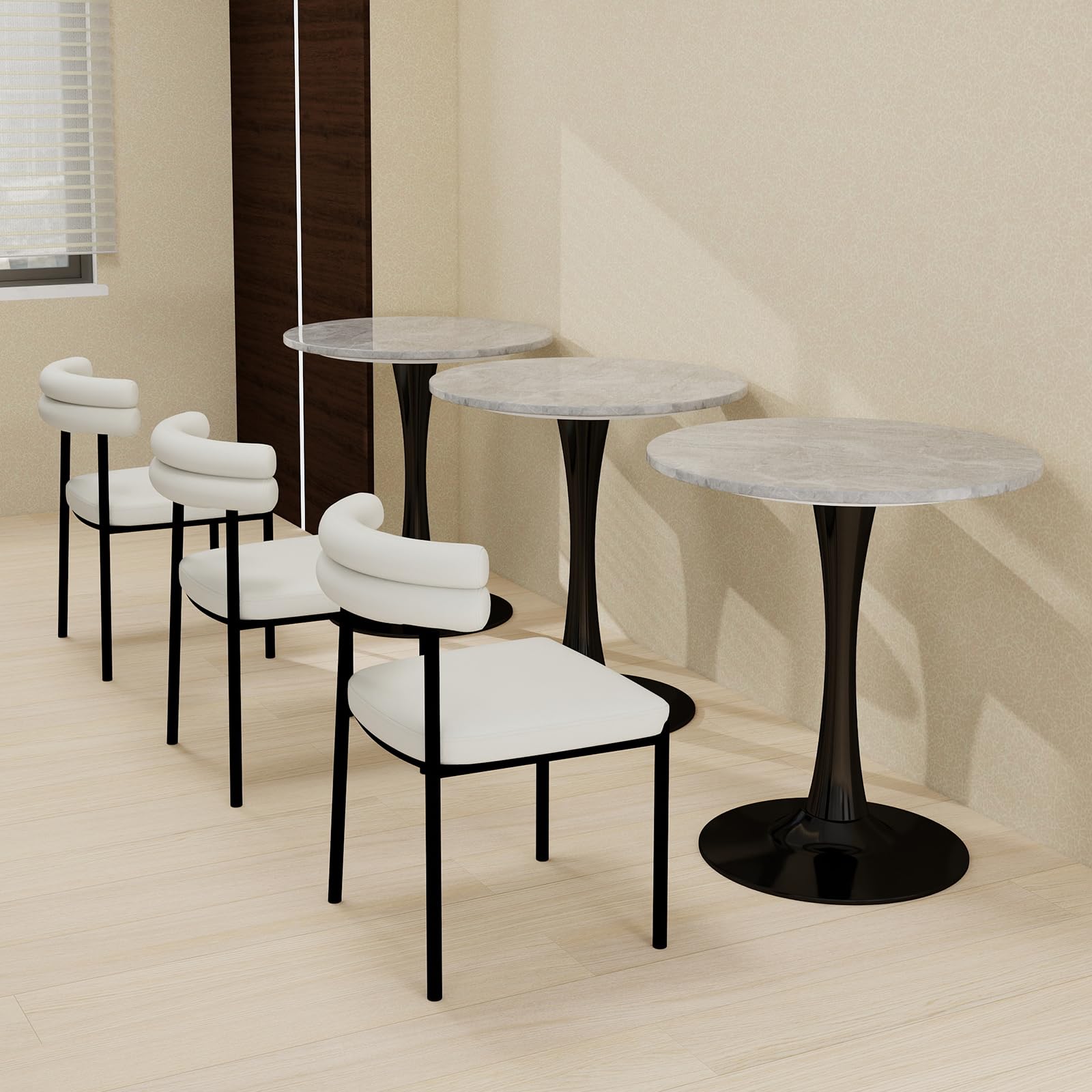 Sybrioka 27.6" Marble Round Tulip Table, Mid-Century Modern Style Dining Table with Black Pedestal Base for 2-4 People, Featuring A Marble Tabletop for Kitchen, Dining Room, Cafe (Light Grey)