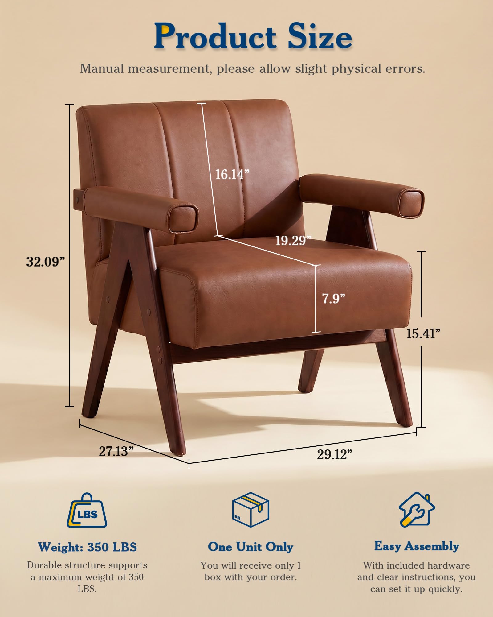 Mid Century Modern Accent Chair, Solid Wood Frame Brown Leather Armchair, Modern Reading & Living Room Chair for Office Guest & Waiting Room