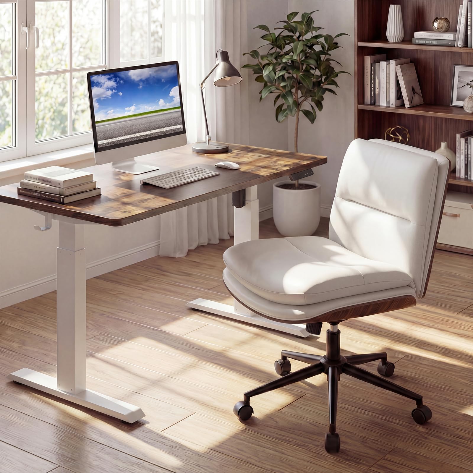 Armless Office Chair with Wheels, PU Leather Height Adjustable Vanity Chair w/Curved Backrest, Mid-Back Criss Cross 360° Swivel Ergonomic Computer Desk Chair for Home Office & Bedroom (White)