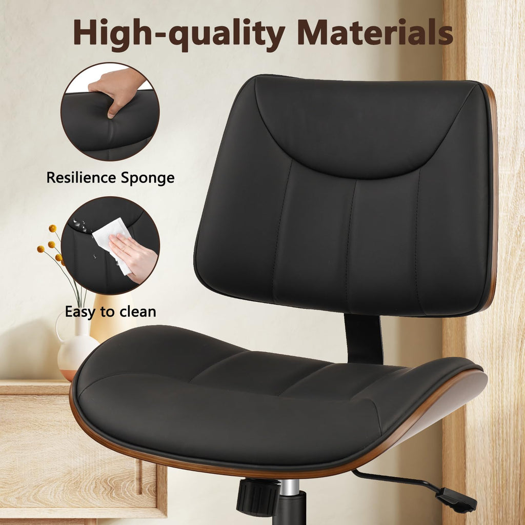 4Pack, Office Chair Armless with Wheels, Mid-Century Modern Walnut Desk Chair, Adjustable Height Reading Chair, PU Leather Mid Back & Swivel Computer Chairs for Home Meeting Room Bedroom, Black