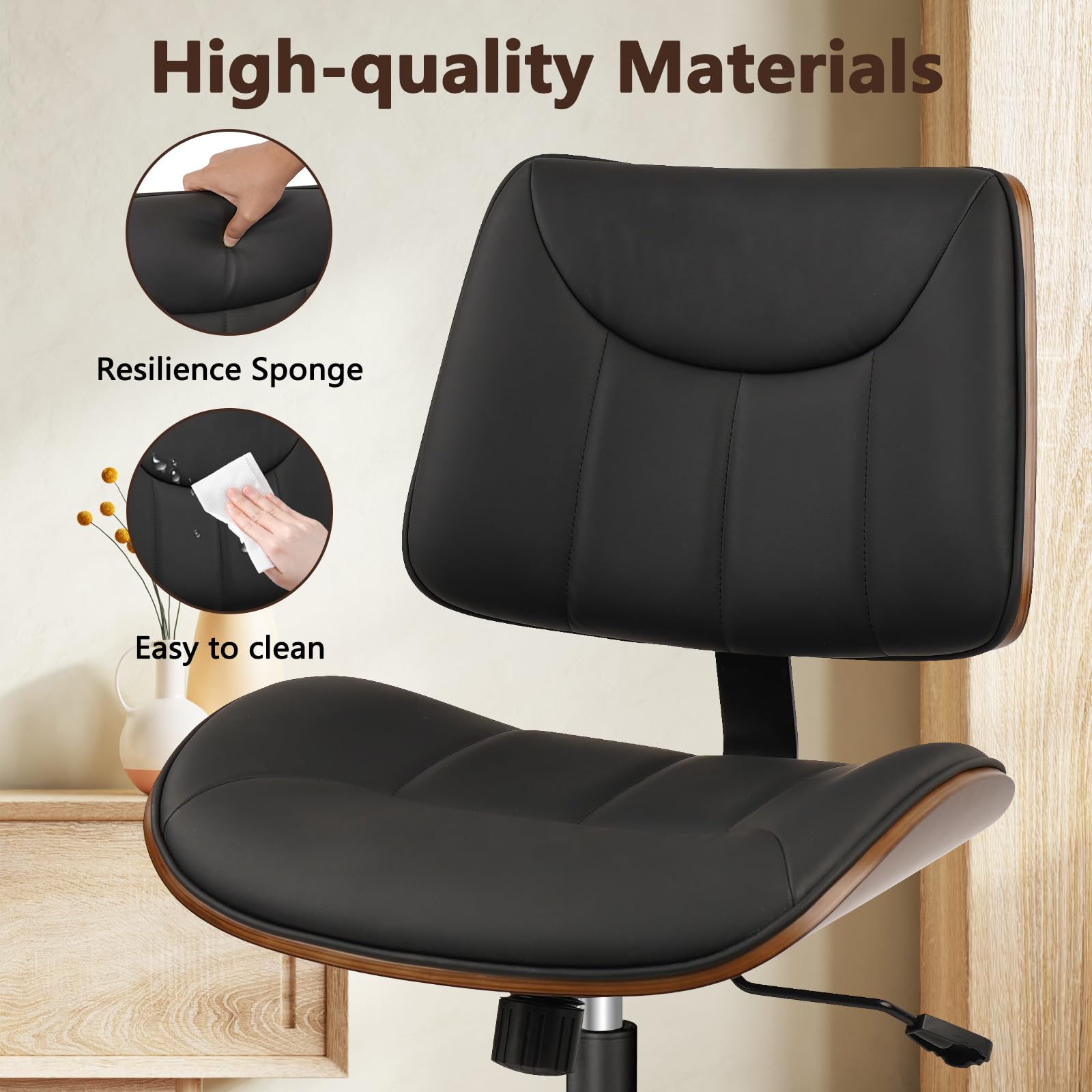 4Pack, Office Chair Armless with Wheels, Mid-Century Modern Walnut Desk Chair, Adjustable Height Reading Chair, PU Leather Mid Back & Swivel Computer Chairs for Home Meeting Room Bedroom, Black