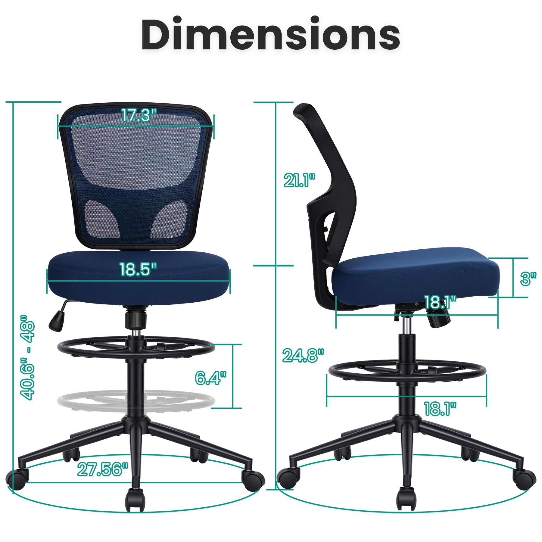 Armless Drafting Chair Tall Office Chair for Standing Desk - Adjustable Height Mesh Ergonomic Drafting Stool with Foot Ring & Wheels, Rolling Counter Height Computer Chair for Home Office