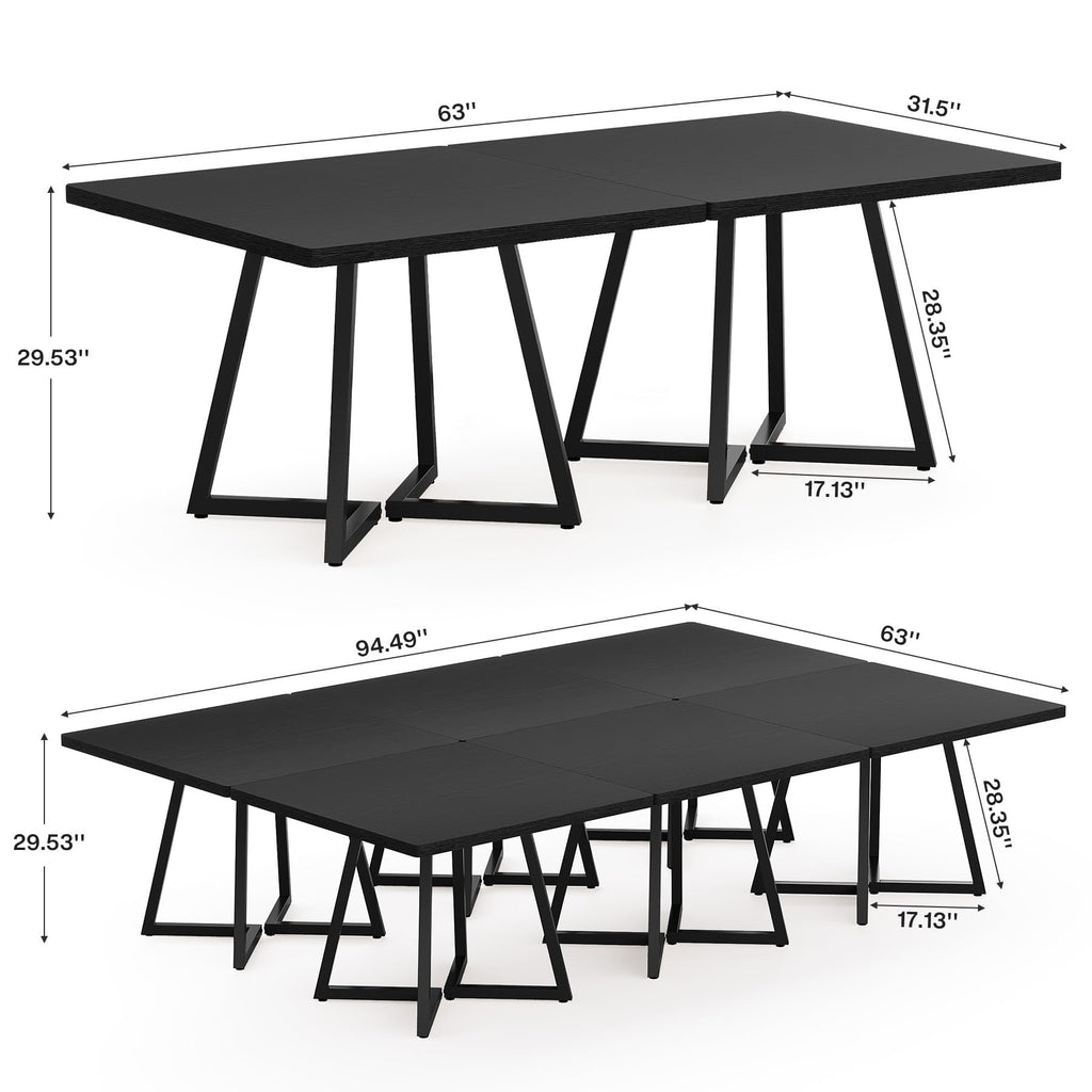 31.5" Square Conference Table Set of 6, 8 ft Industrial Office Meeting Table for 8-10 People, Business Podcast Furniture with Metal Base for Small Spaces, Office Conference, Black