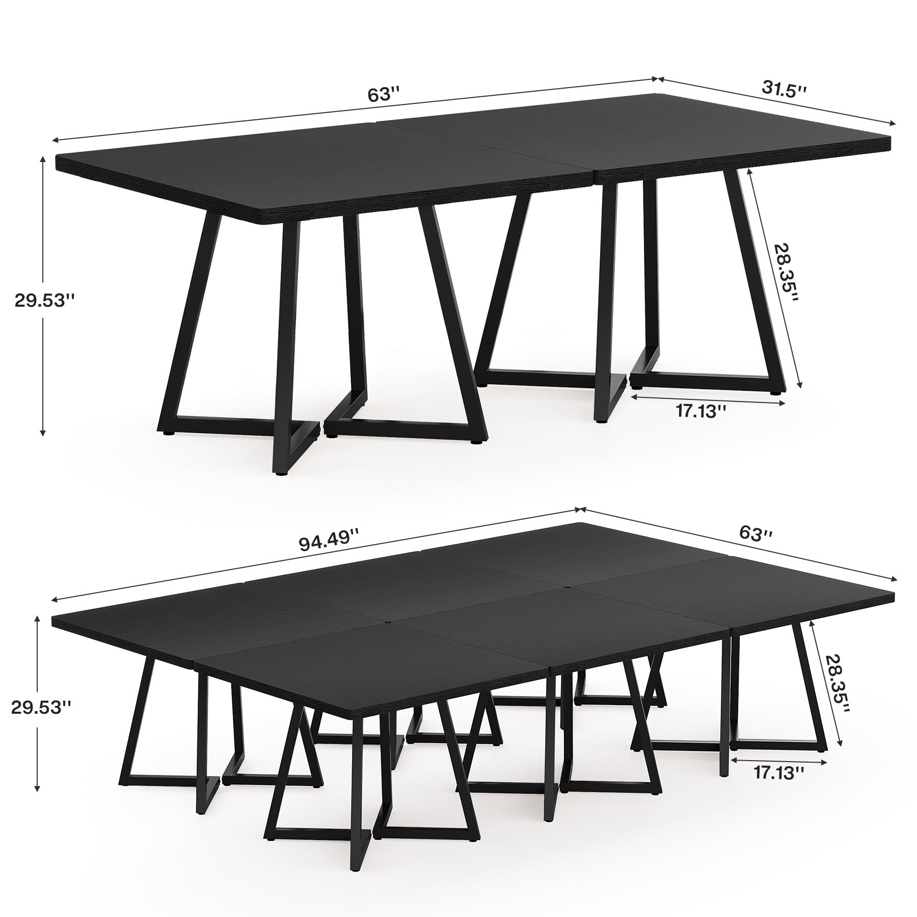 31.5" Square Conference Table Set of 6, 8 ft Industrial Office Meeting Table for 8-10 People, Business Podcast Furniture with Metal Base for Small Spaces, Office Conference, Black