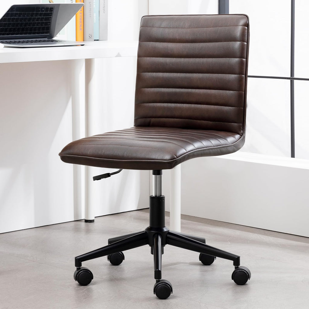 PU Leather Office Desk Chair, Armless Vanity Chair with Wheels 360° Swivel Mid Back Height Adjustable, Computer Rolling Chairs with Gold Metal Base Stool, Black Brown