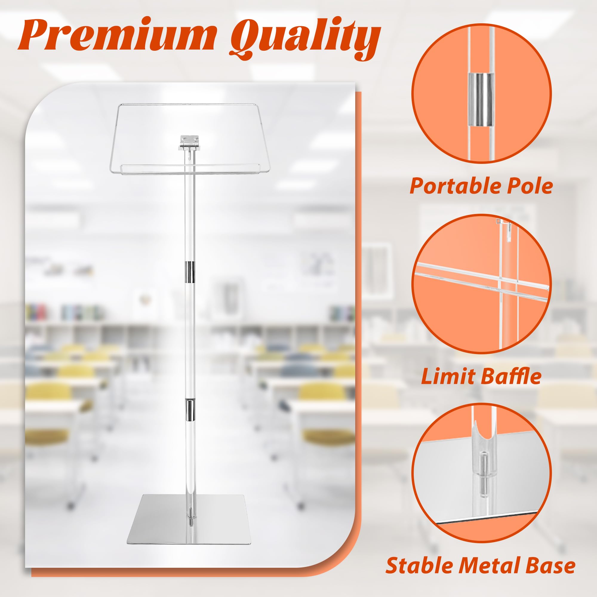 Podium Stand, Lecterns & Podiums, Acrylic Adjustable Angles with Metal Base, Podium for Church, Weddings, Classroom, Speech, 16" L x 12" W x 48" H (Clear)