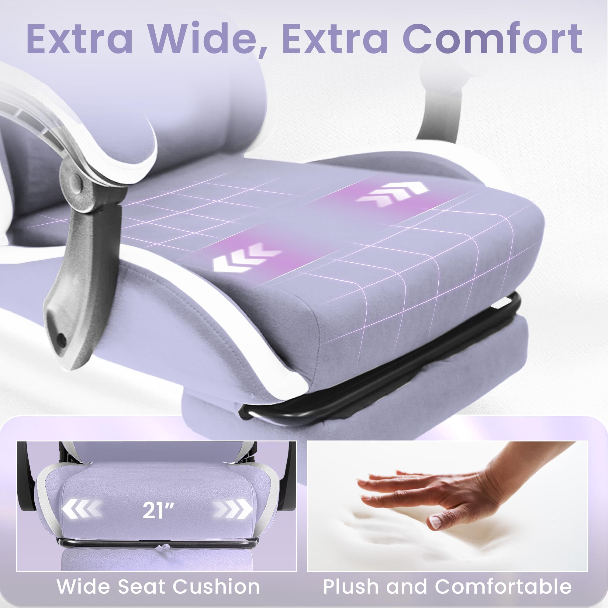 Gaming Chair with Footrest Lumbar Support for Home Office High Back Recliner Height Adjustable Ergonomic Comfy Fabric Computer Desk Chair (Purple)