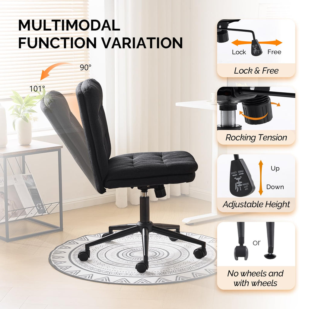 Mid Back Armless Office Desk Chair with Wheels/no Wheels,360°Rocking Swivel Vanity Chair with Thickened Cushion,Adjustable Height Rolling for Reading Room, Make up, Linen Black