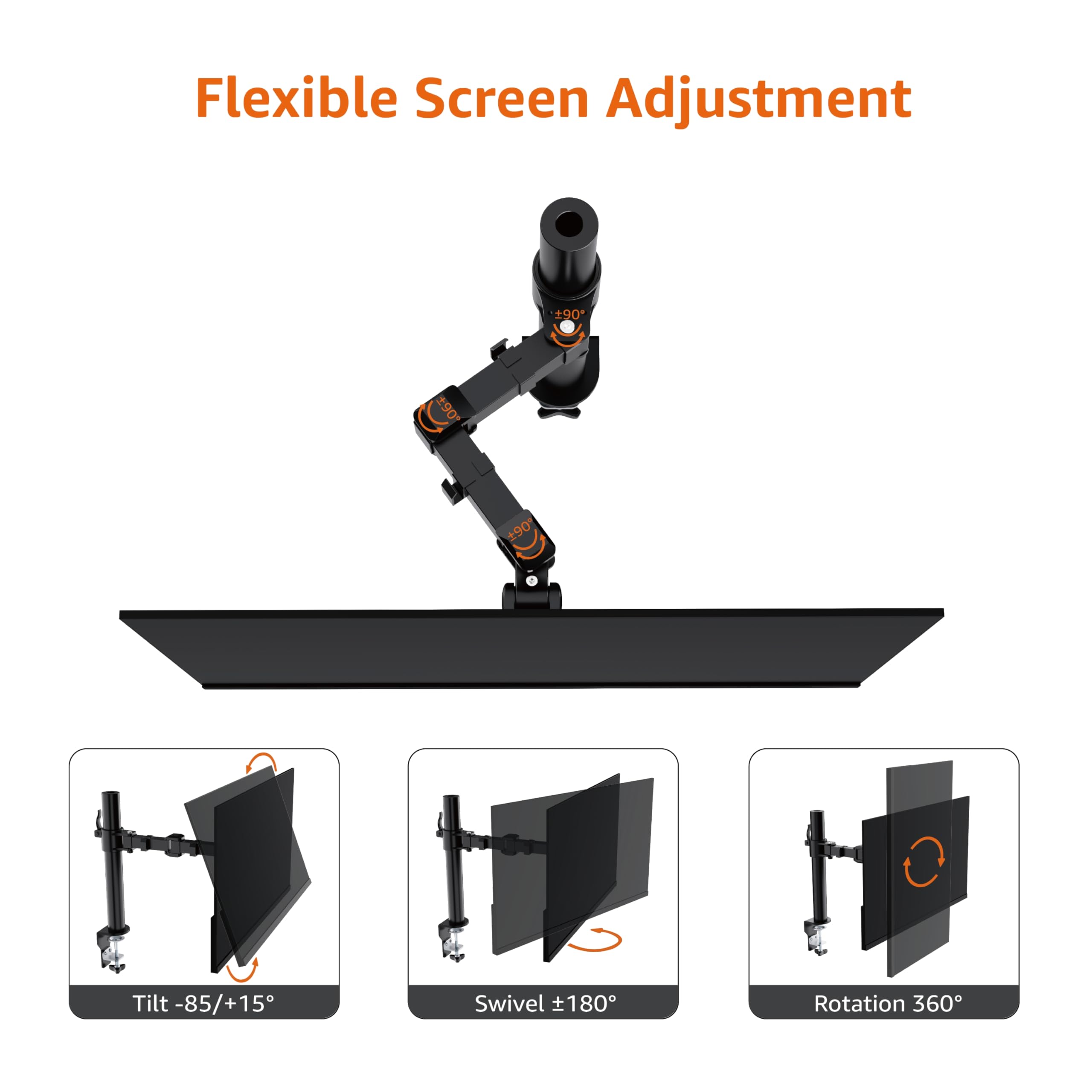 Single Computer Monitor Stand with Cable Management, Height Adjustable VESA Desk Arm Mount, Fully Adjustable Tilt and Rotation, Steel, Black, Fits 13-30" Screens