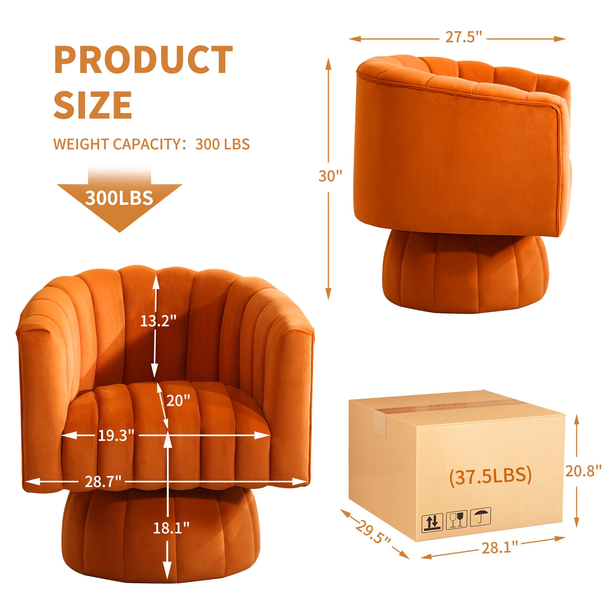 Swivel Accent Barrel Chair, Cute Comfy Small Round 360° Arm Chair, Velvet Sofa Club Reading Chair for Office, Living Room, Bedroom,  Orange