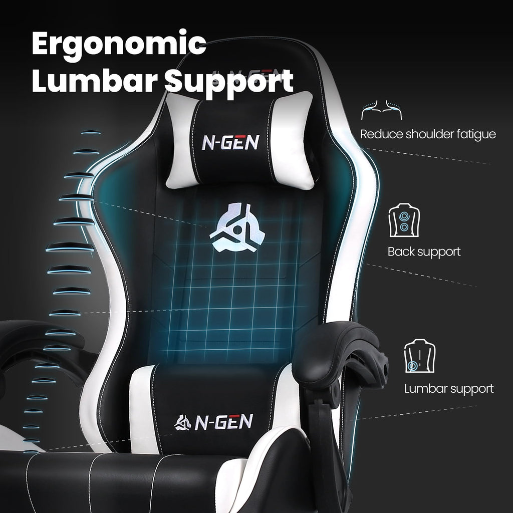 Gaming Chair with Footrest Lumbar Support for Home Office High Back Recliner Height Adjustable Ergonomic Comfy Leather Computer Desk Chair (White)
