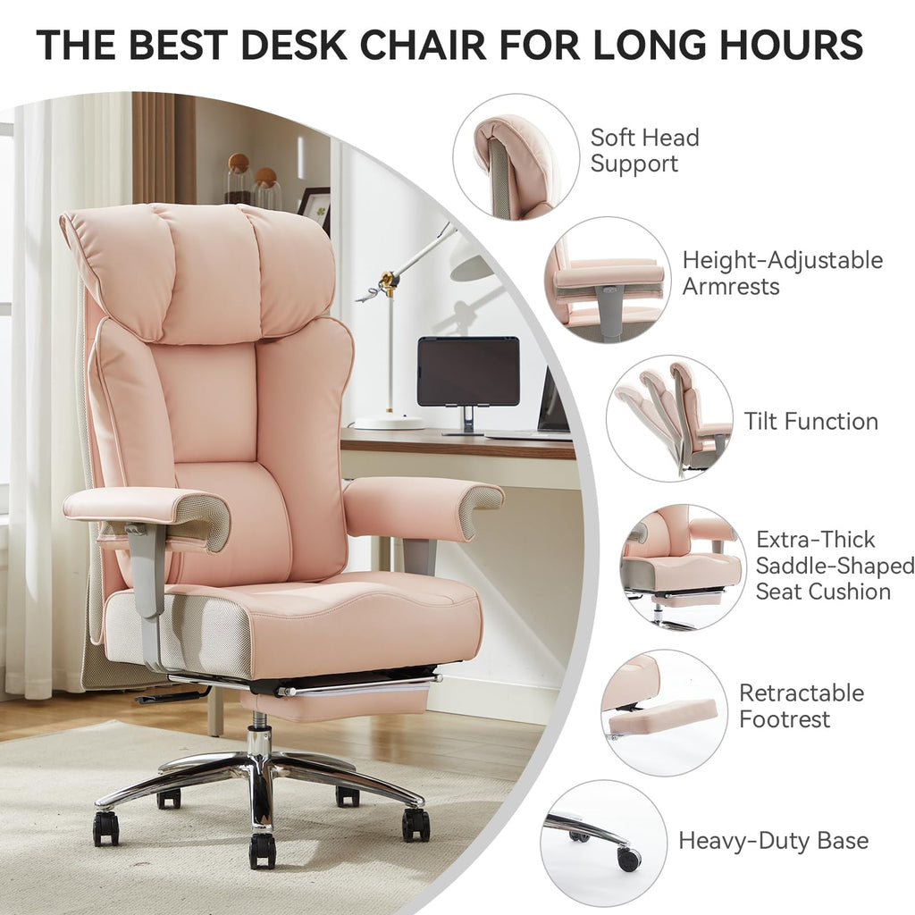 Big & Tall Pink Executive Office Chair 400lbs, Extra Wide 23.2" PU Leather Desk Chair for Women with Footrest, Pocket Spring & Adjustable Arms for Home Office