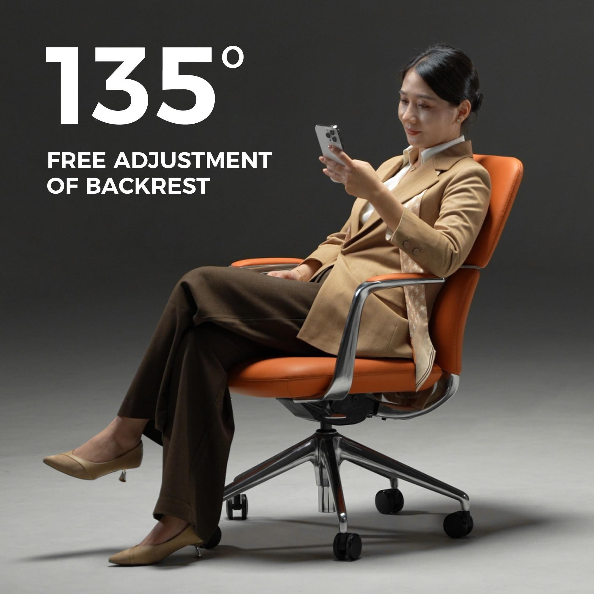 Genuine Leather Office Desk Chair with Wheels, Ergonomic Leather Executive Chair, Mid Back, Swivel Base with Adjustable Tilt, Modern Style, Luxury Aluminum Frame (Orange)