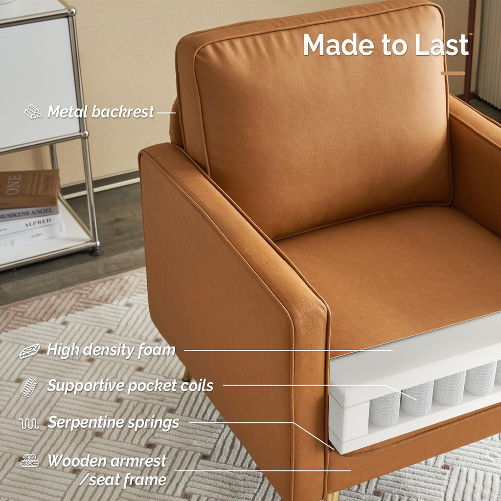 Modern PU Leather Accent Chair Comfy Chair Arm Chair Reading Chair with Golden Metal Legs and Deep Seat for Office,Apartment,Small Space,Cognac