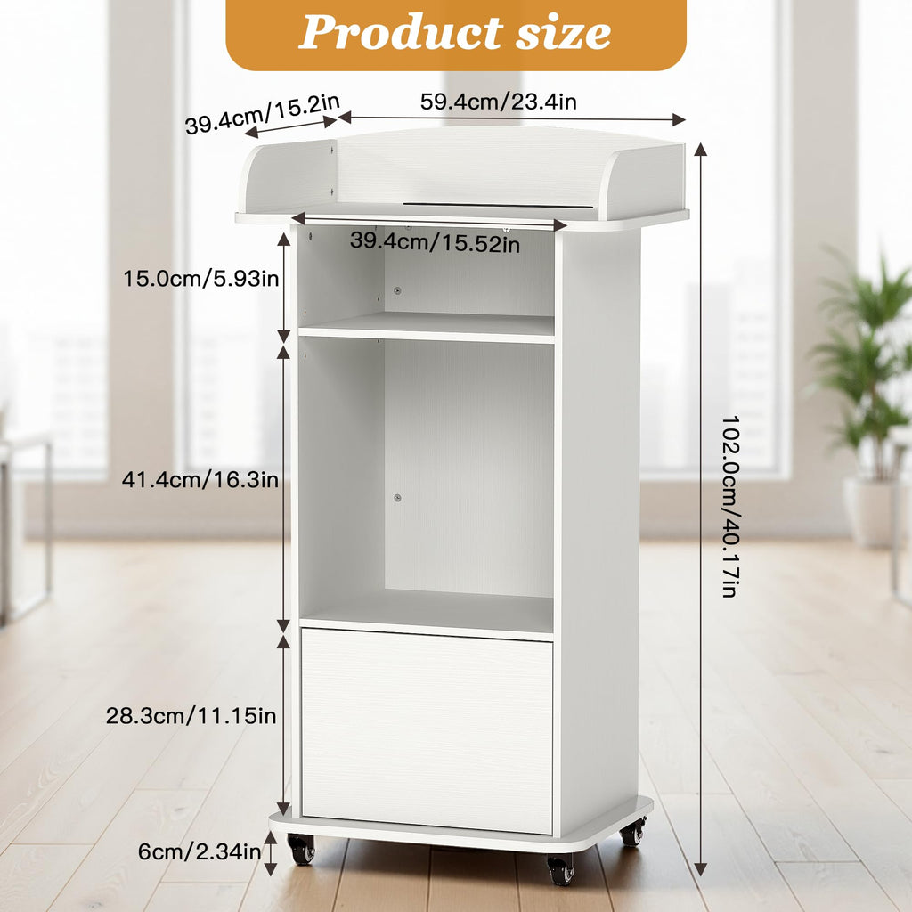 Podium Stand with Wheels (White（Metal Wheel）)