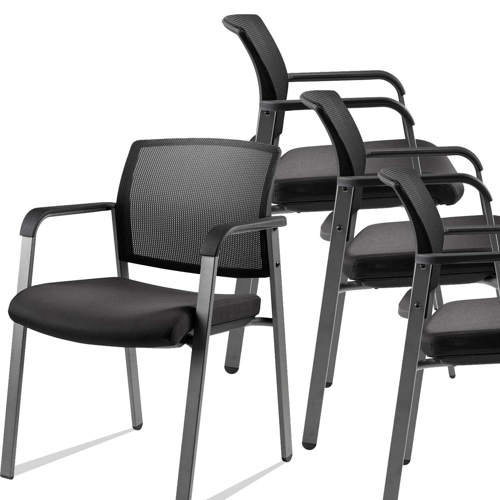 Set of 4, Mesh Back Stacking Arm Chairs with Upholstered Fabric Seat and Ergonomic Lumber Support for Office School Church Guest Reception Black New Version