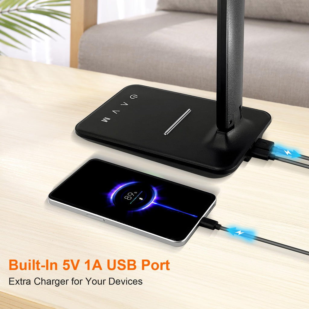 LED Desk Lamp for Office Home, Bright Desk Light with USB Charging Port, Adjustable Dimmable Desk Lamps 5 Modes 5 Brightness, Touch Study Lamp for Nail, Craft, Puzzle, Sewing, Study, Black