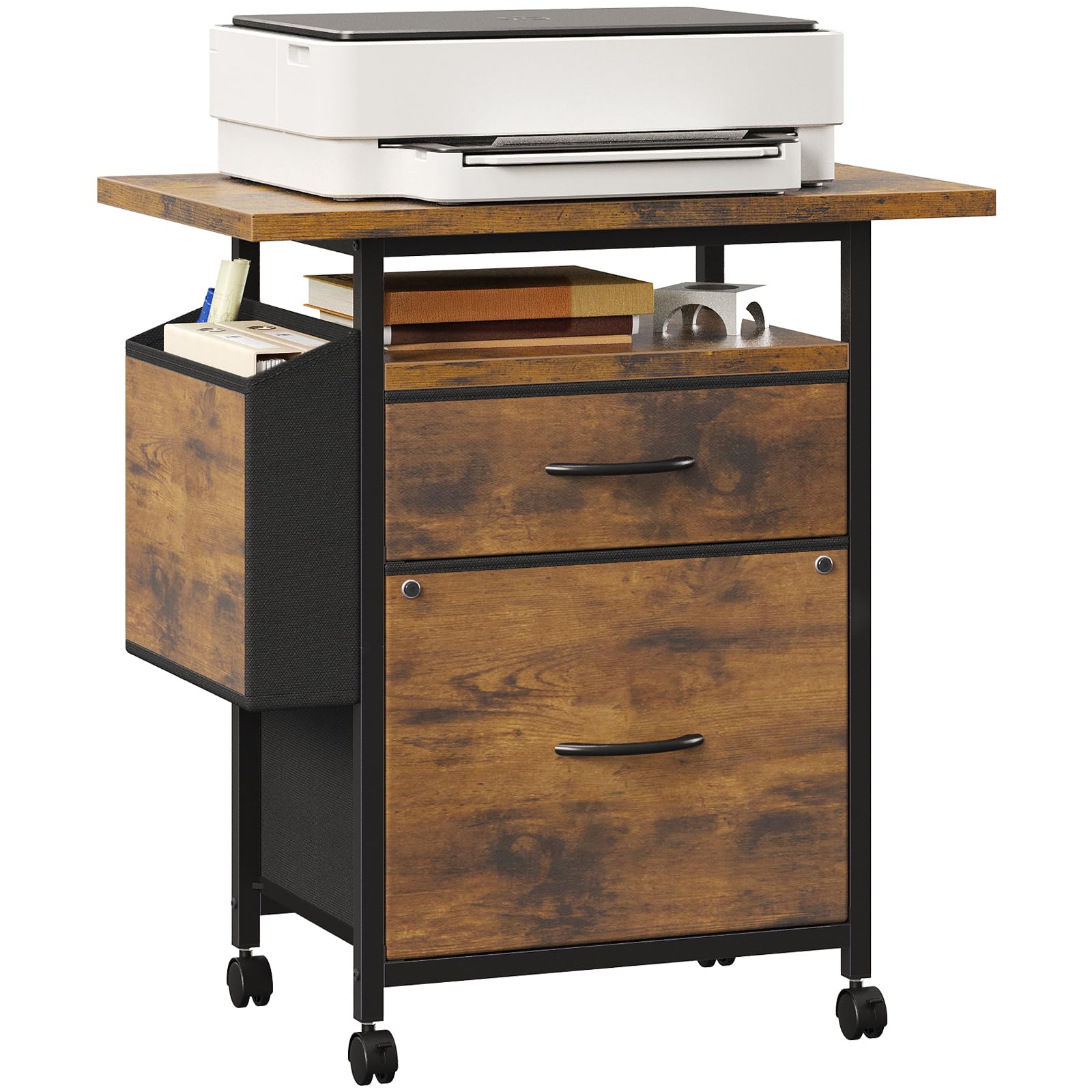 2 Drawer File Cabinet with 24" Extended Desktop, Mobile Filing Cabinet, Rolling File Cabinet with Side Bag, Fabric Drawer, Fits A4/Letter Size, Printer Stand Home Office, Brown