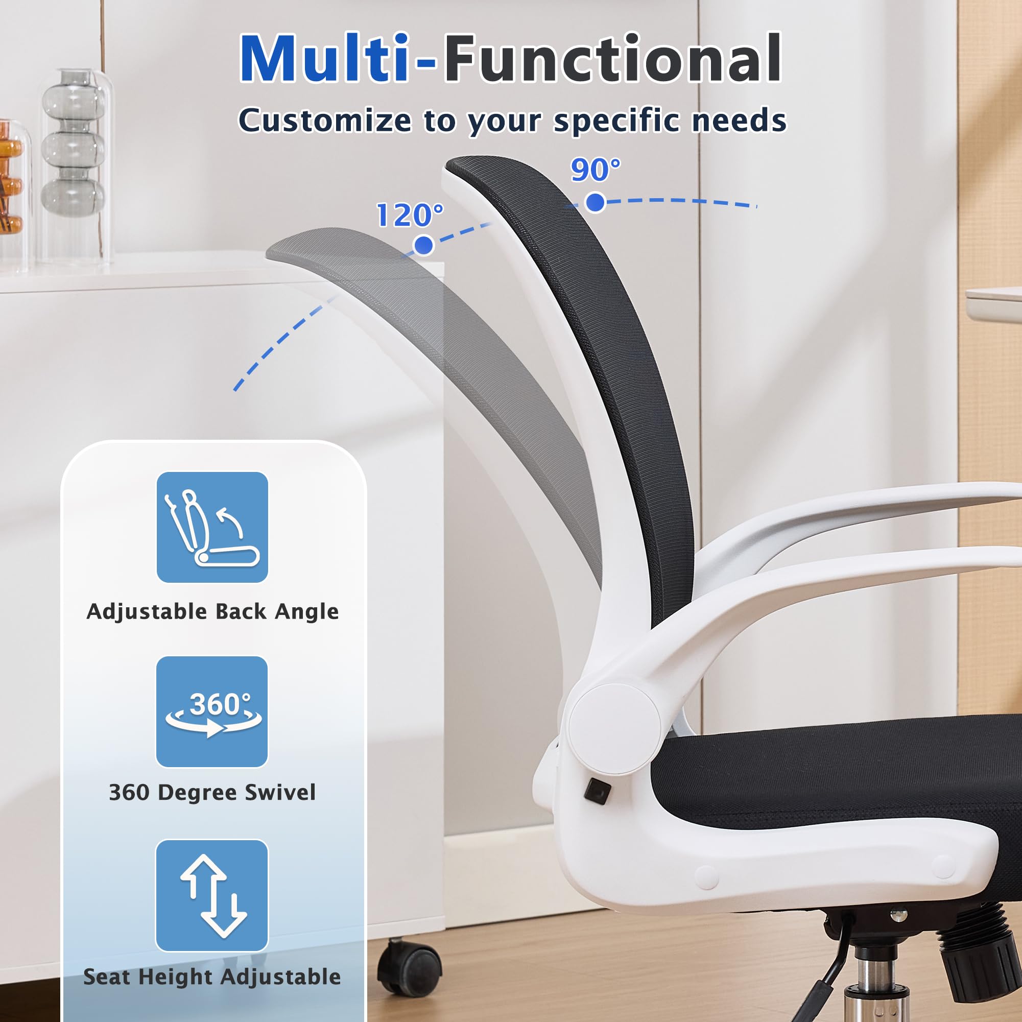 (2PCS White) Foldable Office Chair for Small Spaces | Home Office Folding Desk Chairs with Wheels and Flip Up Arms | Ergonomic Mesh Computer Chair for Adults & Kids