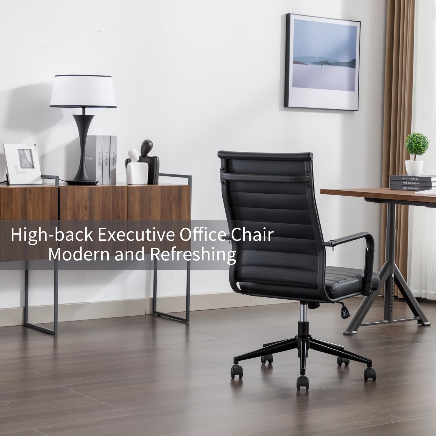 Office Desk Chair Leather, Conference Room Chairs with Wheels, Executive Modern Ergonomic Ribbed Computer Chair
