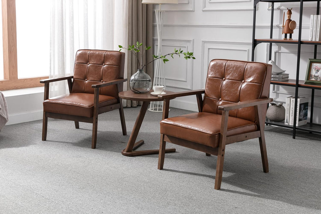 Mid Century Modern Accent Chair, Retro Wood Leather Armchairs Side Chair, Lounge Reading Comfy Arm Chair for Living Room, Bedroom, Office (Brown)