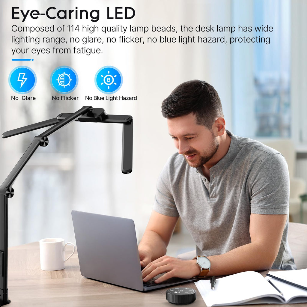LED Desk Lamp, Architect Desk Lamps for Office with Gesture Switch & Remote Control, 24W Bright Desk Light with 50 Light Modes Eye-Caring Desk Lamp with Clamp for Reading Study Workbench
