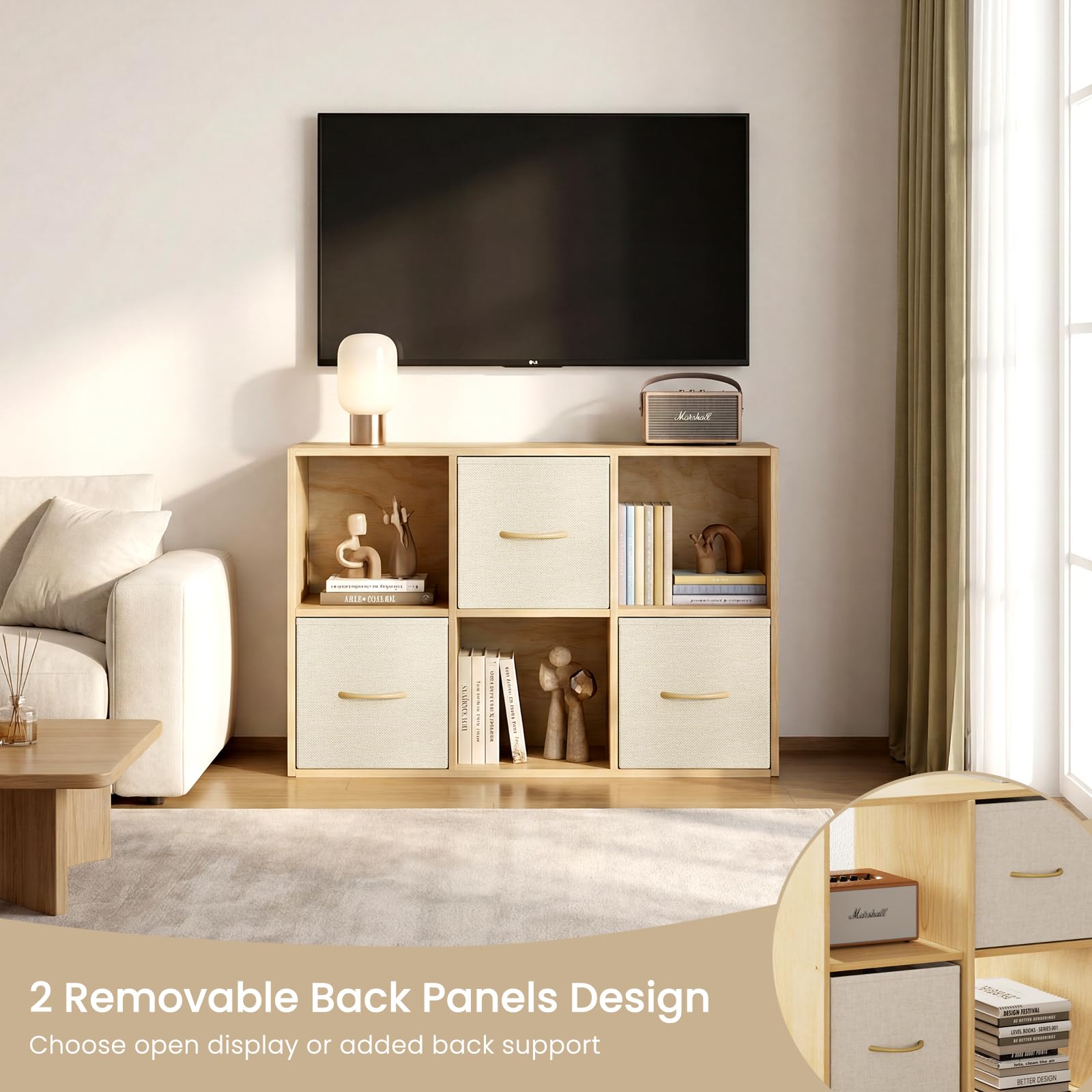 6 Cube Storage Organizer - Solid Wood Bookshelf with 3 Storage Bins, Cube Shelf with 2 Removable Back Panels, Vertical or Horizontal Bookcase, Open Book Shelf for Bedroom, Living Room, Office