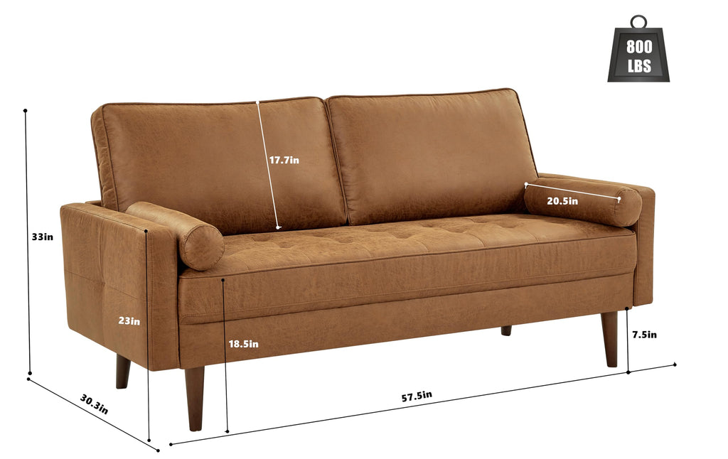 58" Loveseat Sofa Couch, Mid Century Modern Faux Leather Couch with Hand-Sewn Deep Love Seat & 2Pillows, Sofa for Office, Small Space, Bedroom, Solid Wood Frame, Brown
