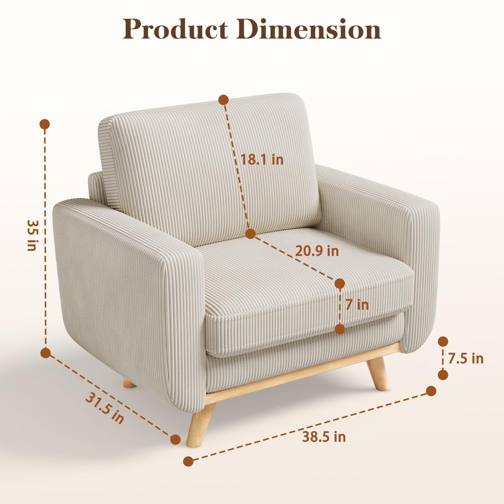 38.5" Accent Chair Light Gray, Comfy Corduroy Single Sofa Seat with Spring Cushion, Upholstered Armchair with Deep Seat, Reading Chair for Adults, Modern Sofa for Living Room, Bedroom