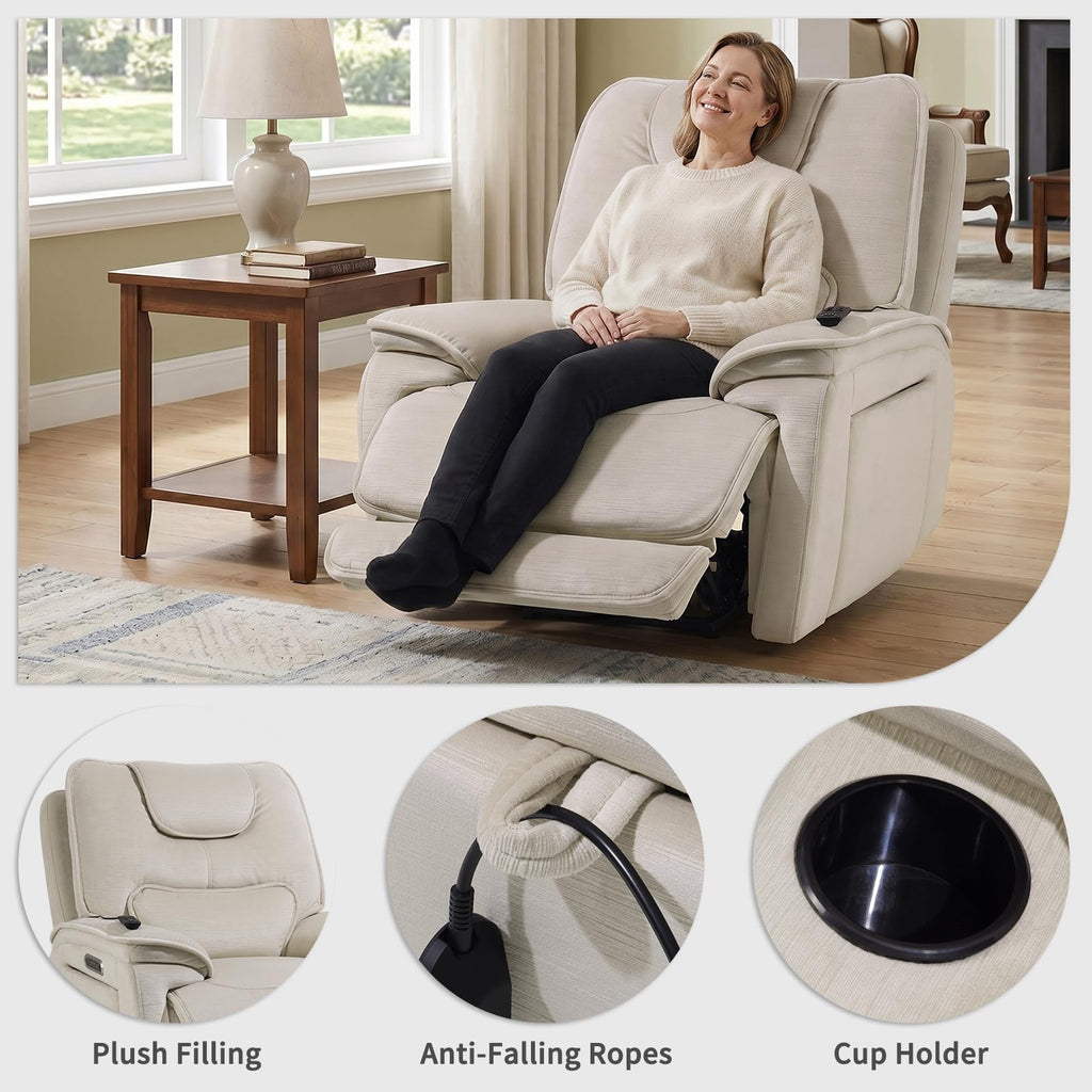 Triple Motor Lay Flat Zero Gravity Power Recliner Chair with Heat and Massage, Independent Adjustable Backrest Footrest Headrest, 400lbs Heavy Duty Medium Size, Stylish Chenille, Cream White