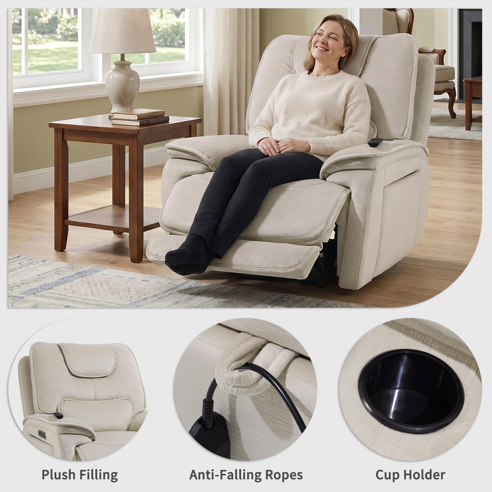 Triple Motor Lay Flat Zero Gravity Power Recliner Chair with Heat and Massage, Independent Adjustable Backrest Footrest Headrest, 400lbs Heavy Duty Medium Size, Stylish Chenille, Cream White