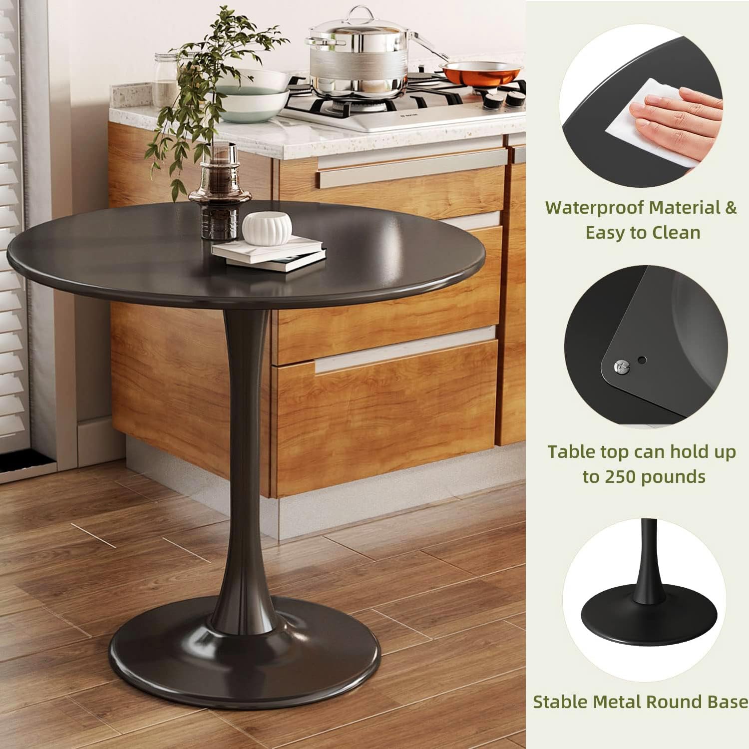 Sybrioka 31.5" Tulip Table for 2-4 Persons Modern Round Dining Room Table, Mid-Century Modern Black Small Kitchen Table with MDF Wooden Top, Leisure Coffee Table for Living Room, Dining Room, Office