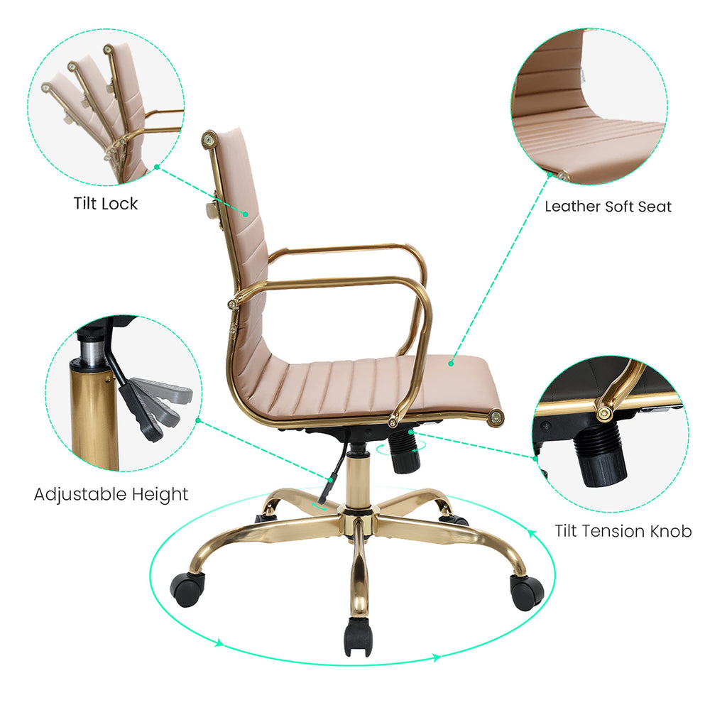 Modern Ergonomic Executive Office Chair, High-Back Leather Conference Desk Chair with Adjustable Height, Tilt Control, 360° Swivel & Gold Frame for Home Office