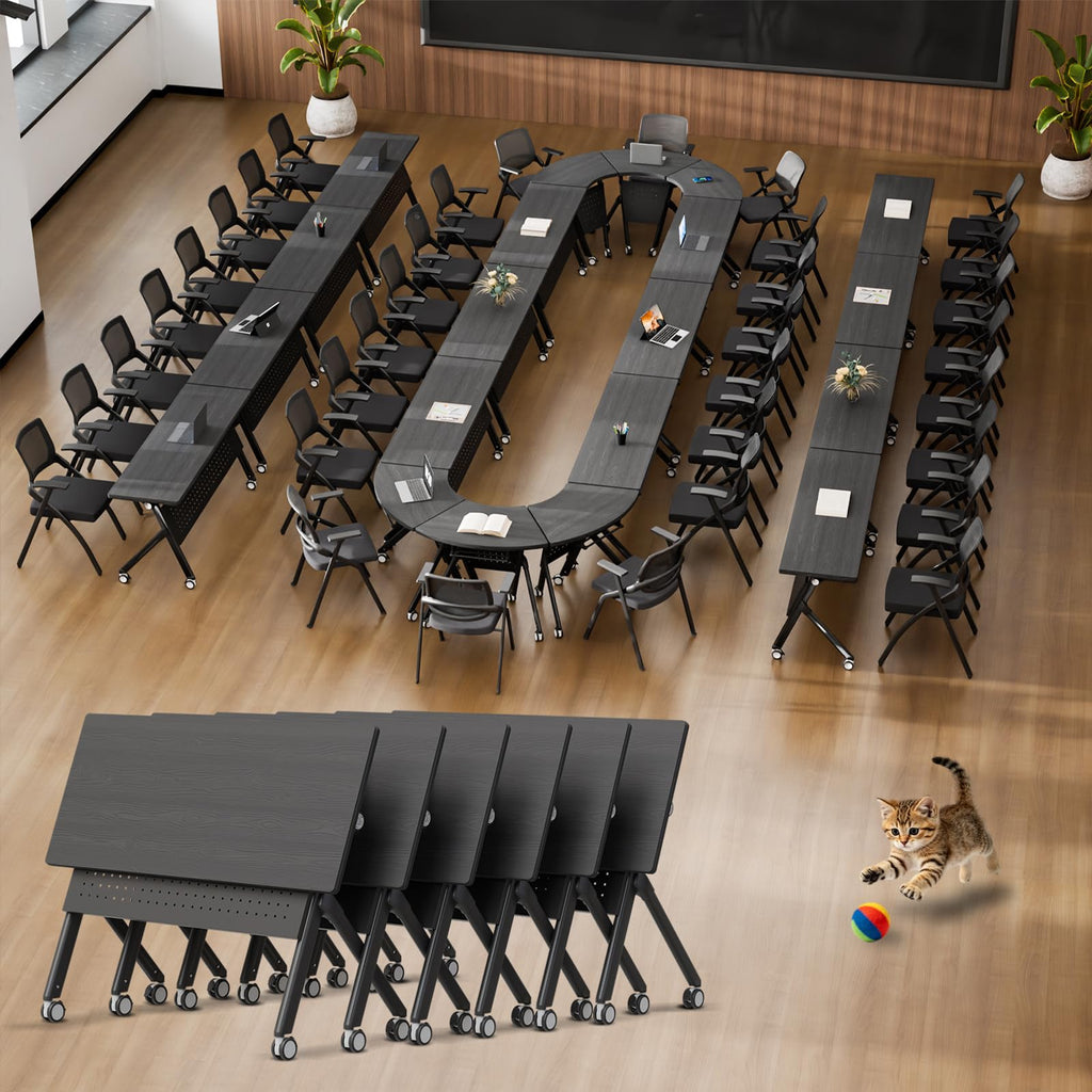 Conference Room Tables White,Folding Rectangular Flip Top Conference Table with Wheels for Large Meeting Seminar Home Office Classr (2, Black, 55.1in)