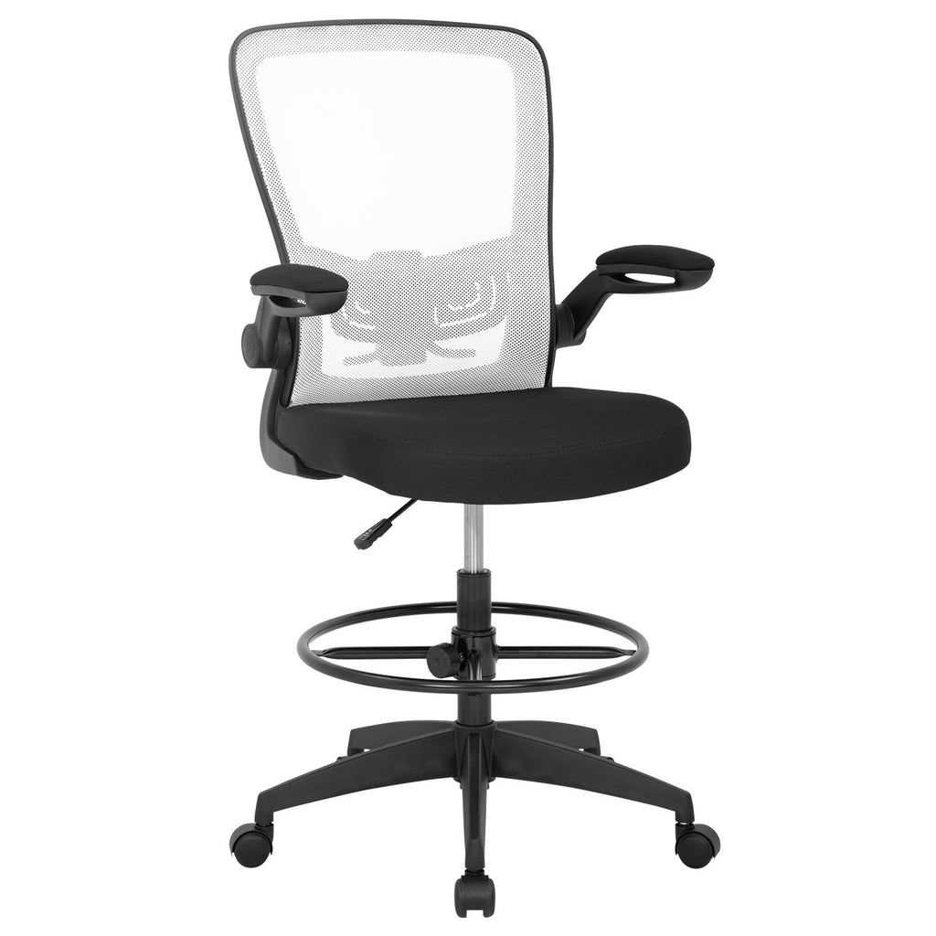 Drafting Chair Tall Office Chair Adjustable Height with Lumbar Support Arms Footrest Mid Back Standing Desk Chair with Swivel Rolling Mesh Stool White