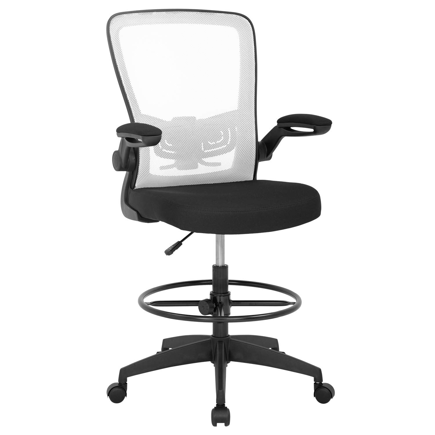 Drafting Chair Tall Office Chair Adjustable Height with Lumbar Support Arms Footrest Mid Back Standing Desk Chair with Swivel Rolling Mesh Stool White