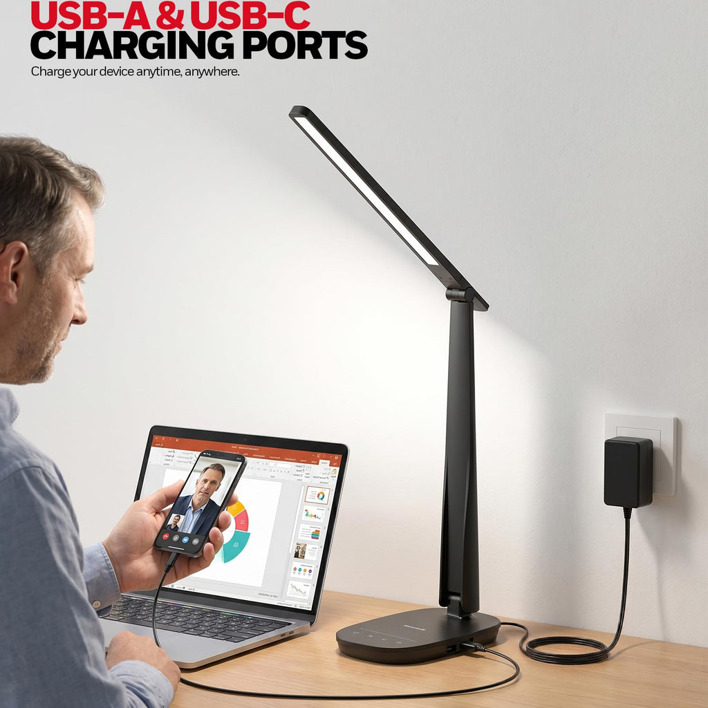 LED Desk Lamp for Home Office, Eye-Caring Dimmable Reading Light with 4 Color Modes, Touch Control, USB-A & USB-C Charging Ports, Adjustable Head, Timer for Bedroom & Small Desks