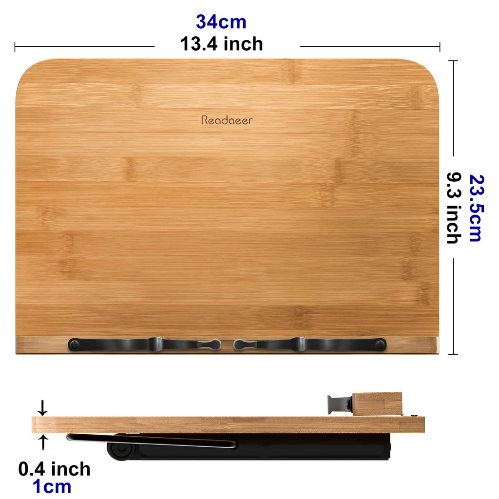 Bamboo Book Stand, Large Book Holder with 6 Adjustable Height, Foldable Cookbook Stand Desktop Document Holder for Kitchen & Office (13.4 x 9.3 Inch)